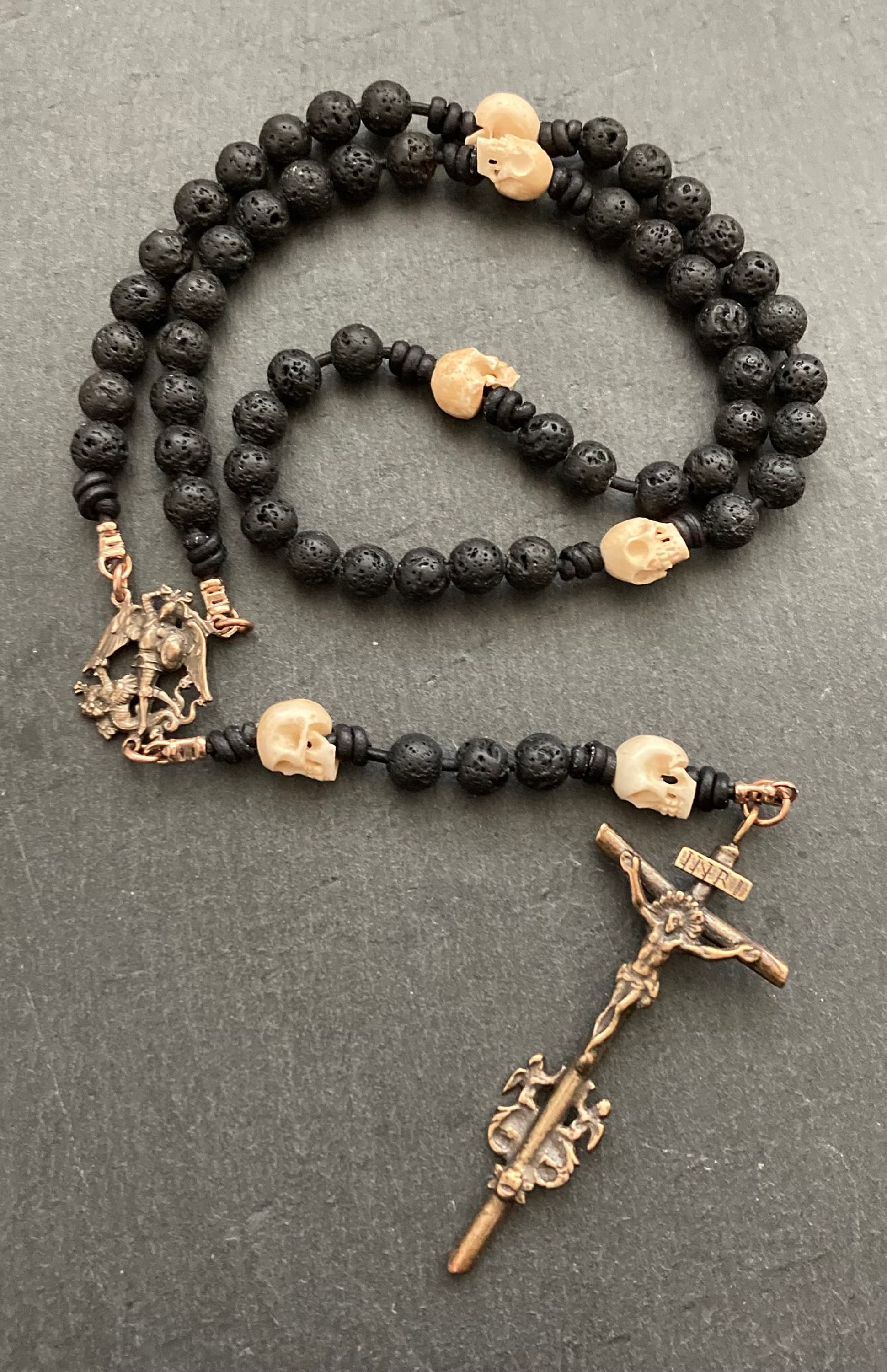 Saint Michael Rosary - Bronze Oxbone Skulls Lava Beads and Leather