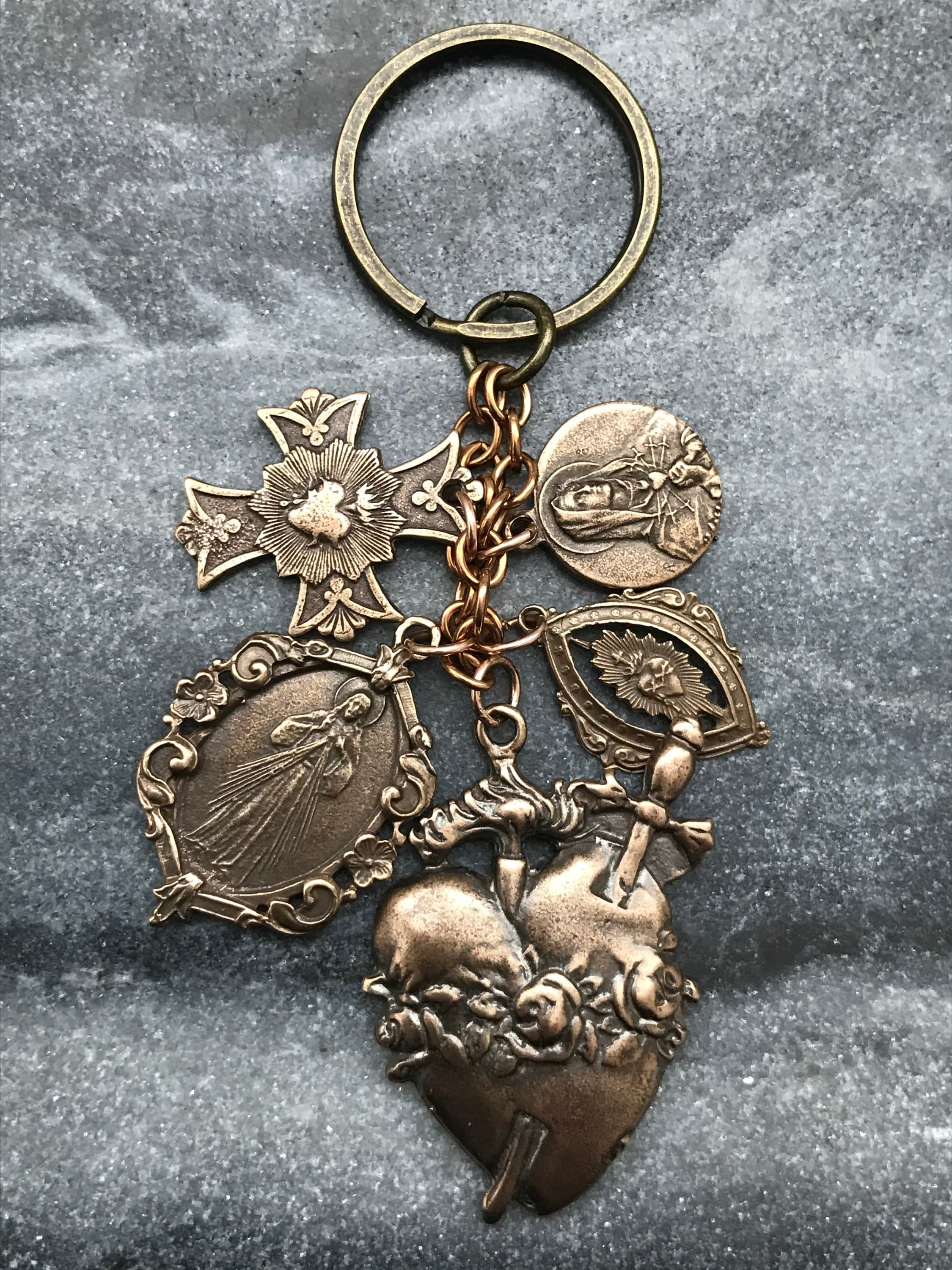 Bronze Catholic Keychain- Sacred and Immaculate Hearts - Seven Sorrows and Divine Mercy