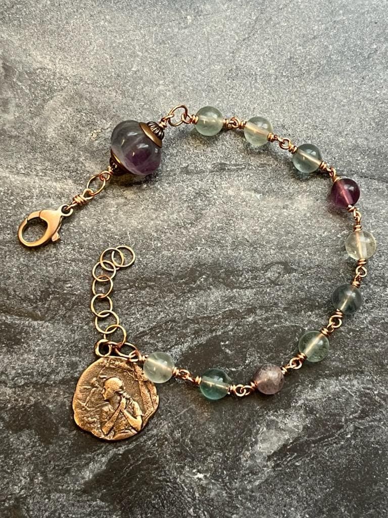 Saint Joan of Arc Fluorite and Bronze Rosary Bracelet