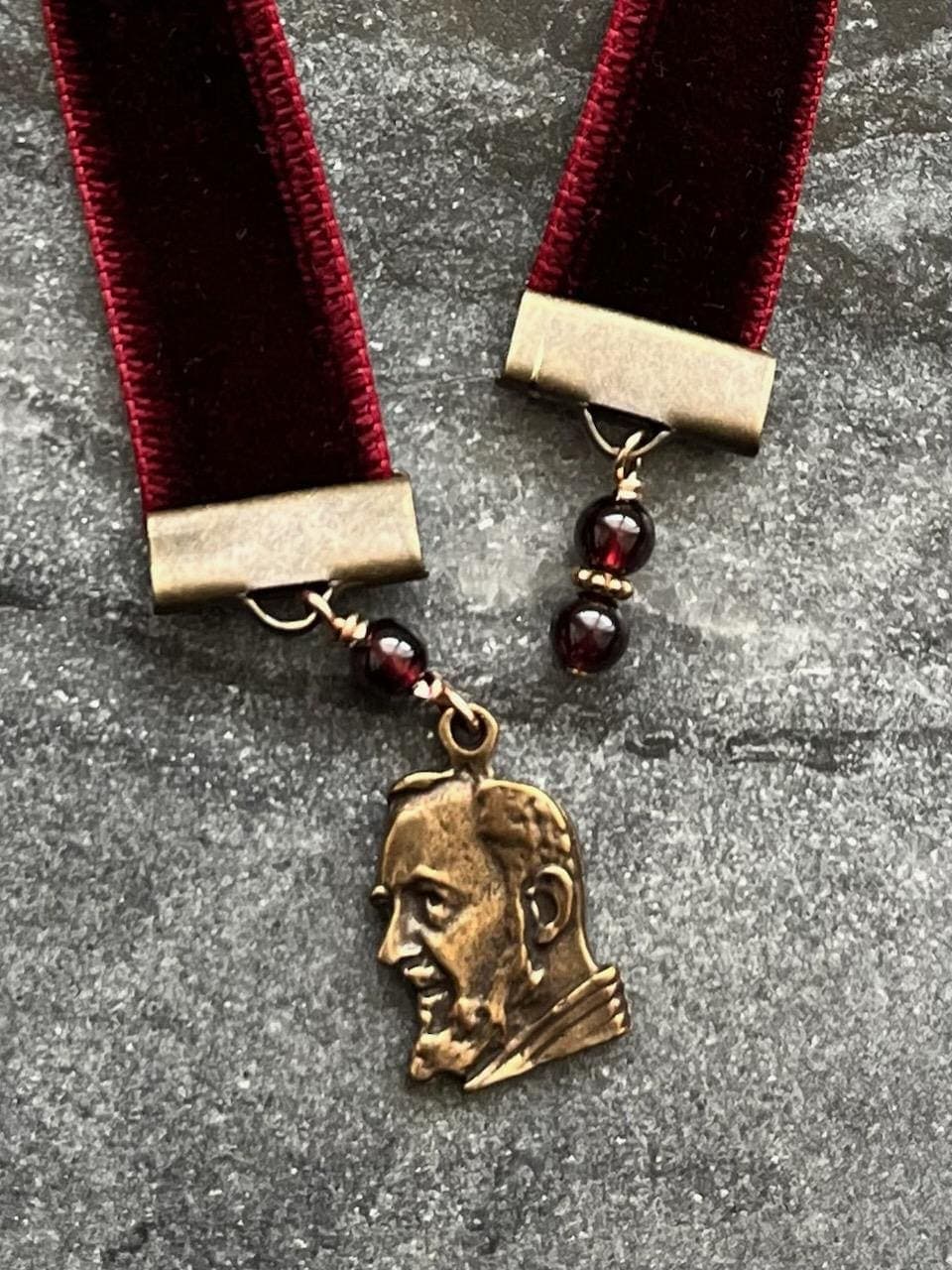 Velvet Catholic Bookmark - Saint Pio - Bronze -Red Velvet