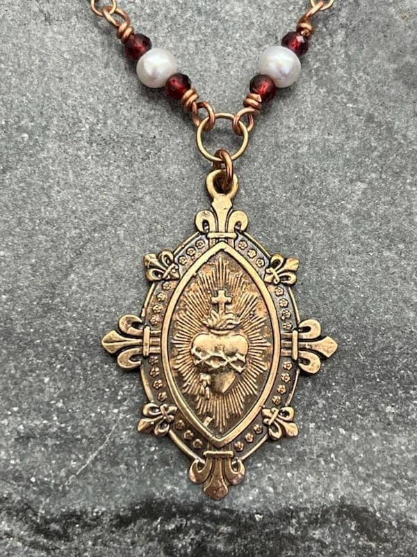 Sacred Heart Necklace - Catholic - Solid  Bronze - Pearls and Garnets
