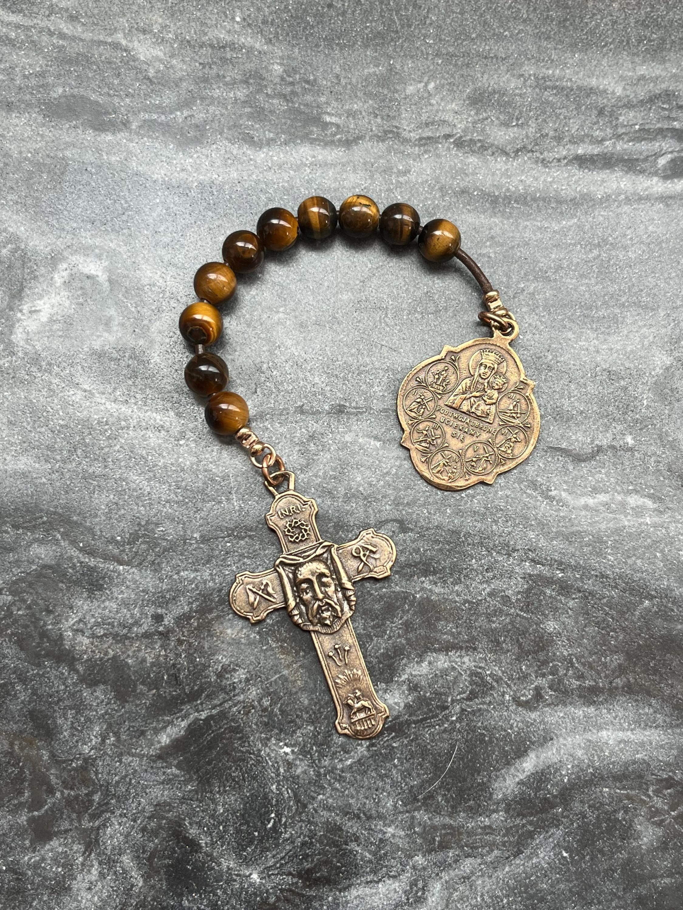 Holy Face Tenner - Stations of the Cross - Bronze and leather - Penal Pocket Rosary