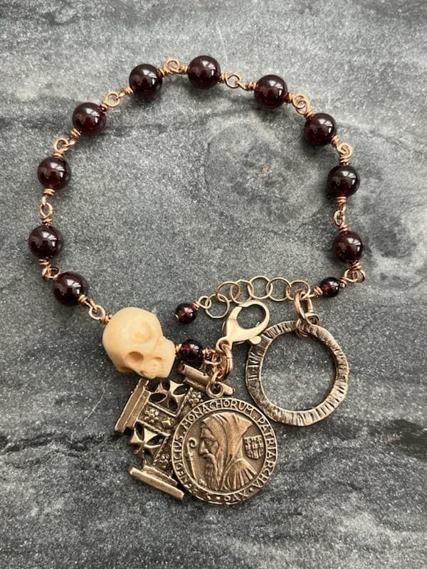 Memento Mori Rosary Bracelet - Solid Bronze and Garnet - Saint Benedict - Jerusalem Cross - Penal Rosary