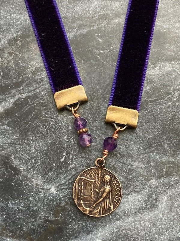 Velvet Catholic Bookmark - Saint Cecilia - Bronze - Purple Velvet