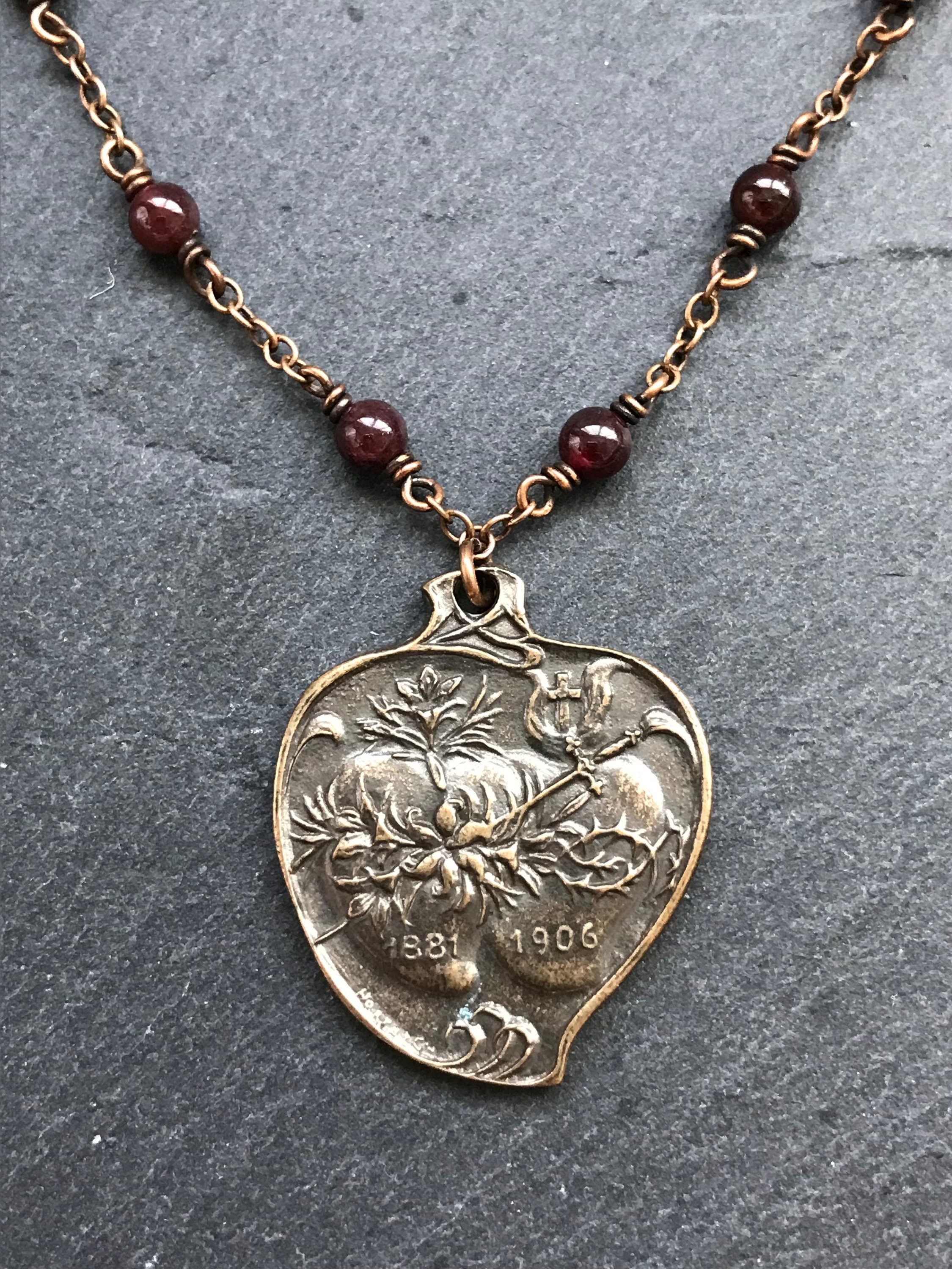 Two Hearts Necklace - Sacred and Immaculate Heart - Solid Bronze and Garnet