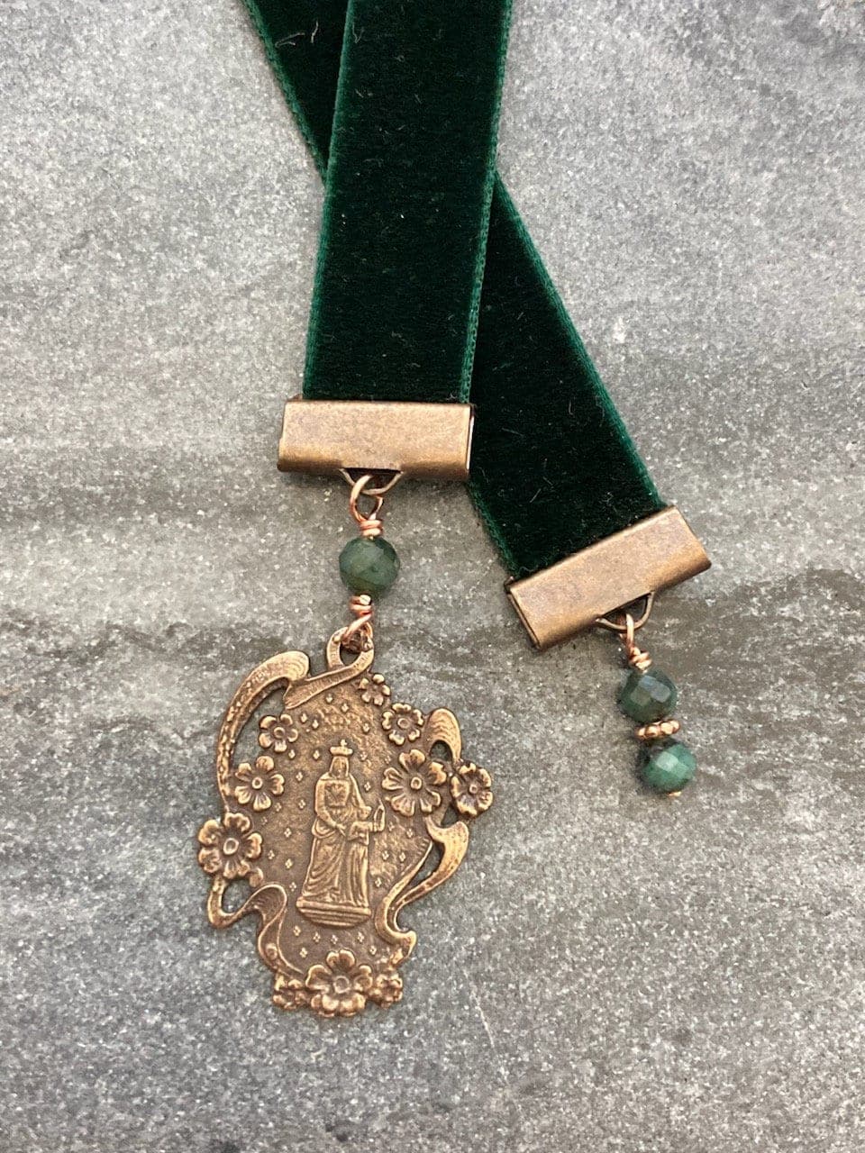 Velvet Catholic Bookmark - Saint Anne - Bronze - Green Velvet