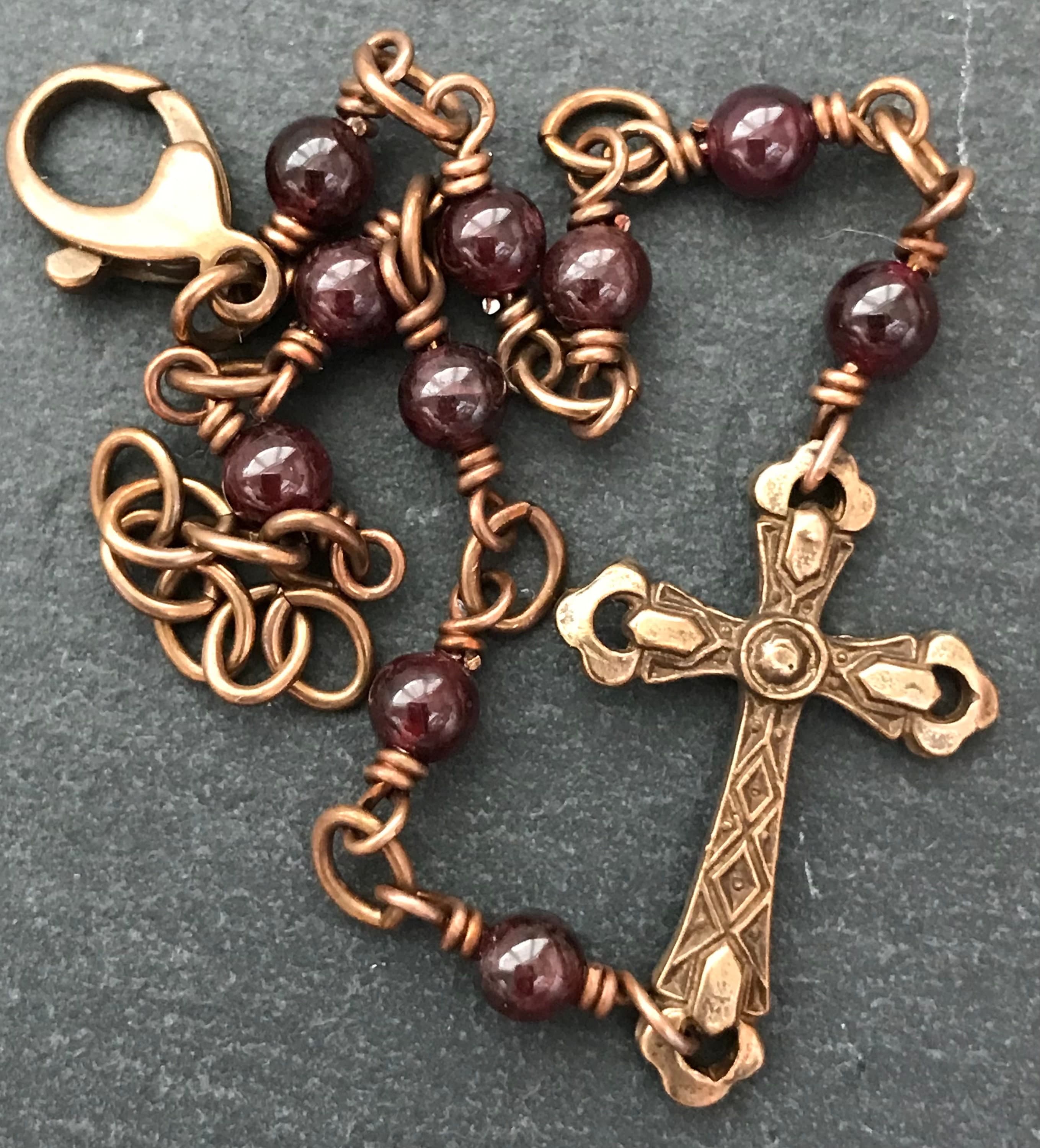 Cross Garnet and Bronze Rosary Bracelet