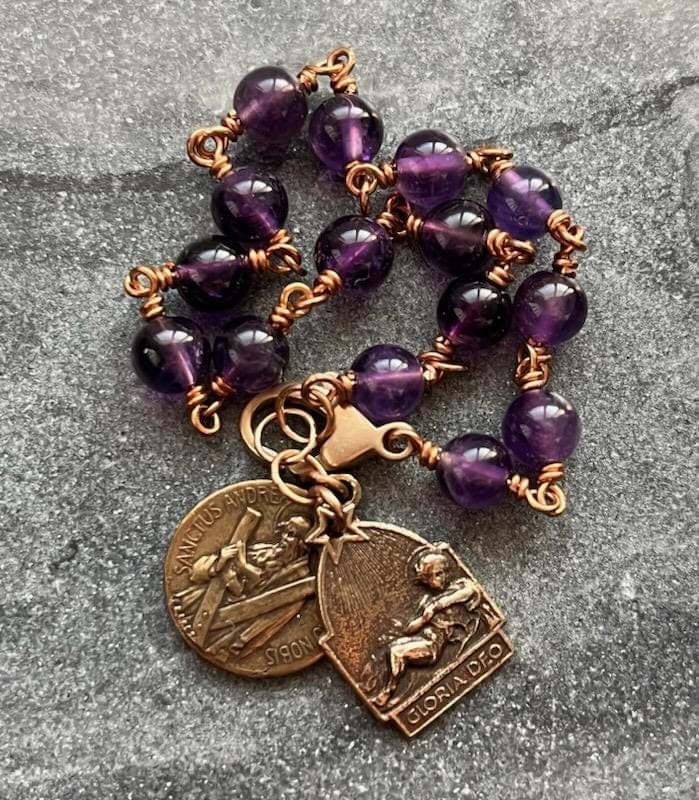 Saint Andrew Christmas Chaplet Bracelet - Solid Bronze and Amethyst