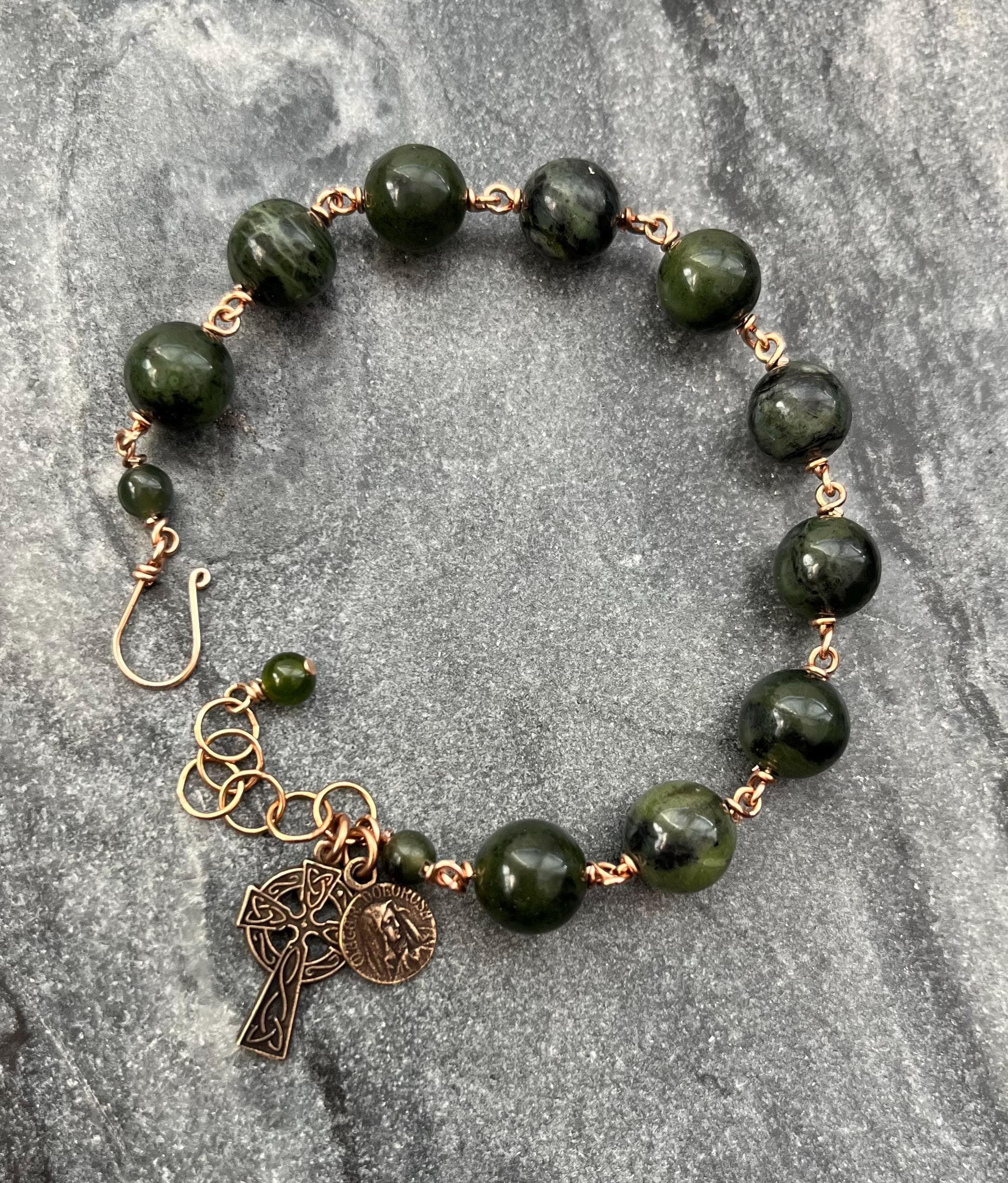 Celtic Cross Blessed Virgin Mary Nephrite Jade and Bronze Rosary Bracelet