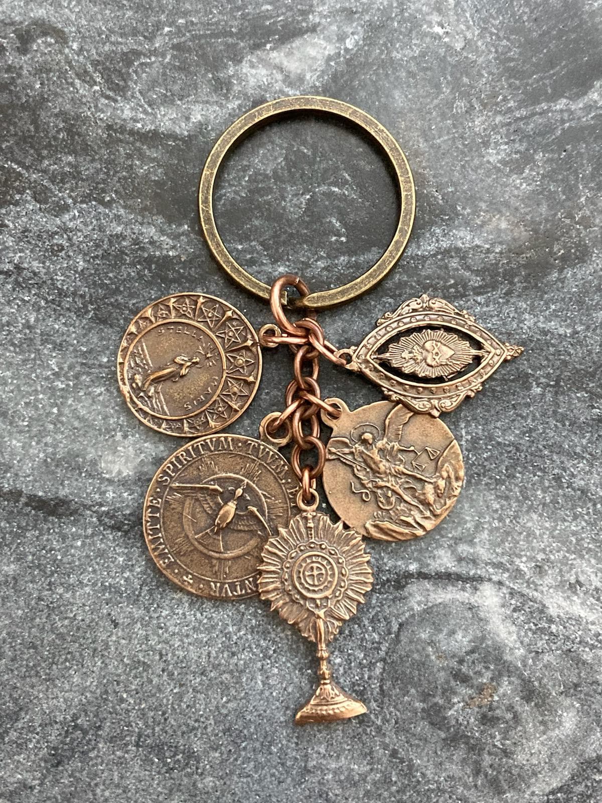 Bronze Catholic Keychain, Holy Spirit, St. Michael, Sacred Heart, Blessed Sacrament, Stella Maris Key Ring