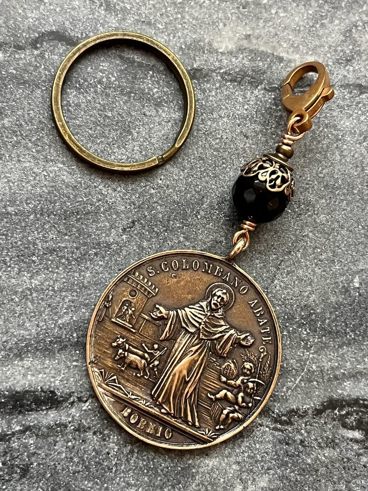 Saint Columbanus Key Chain and Bag Charm - Solid Bronze and Onyx - Patron of Motorcyclists