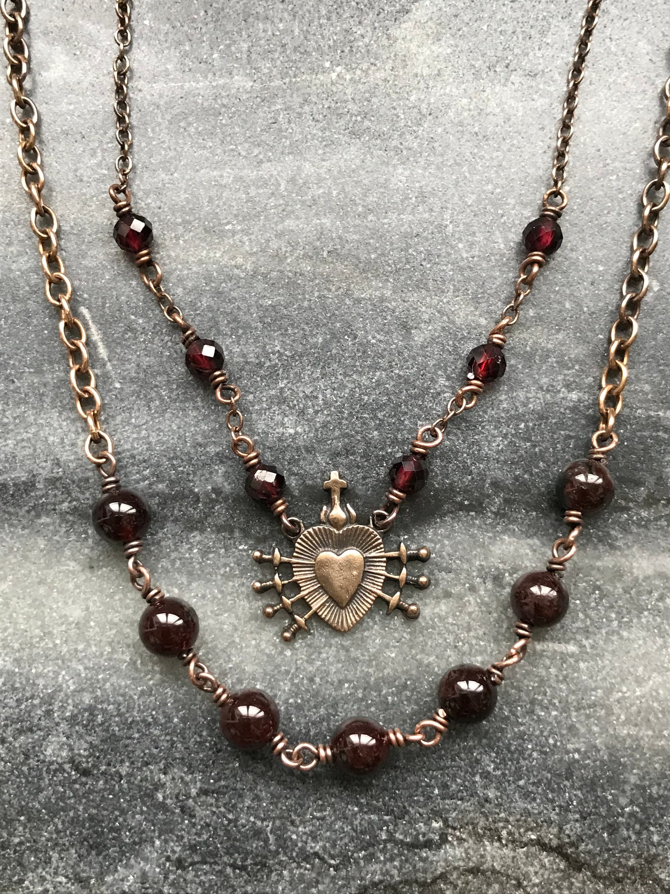 Seven Sorrows Necklace- OL of Sorrows, Garnet Gemstones and Bronze or Sterling Silver