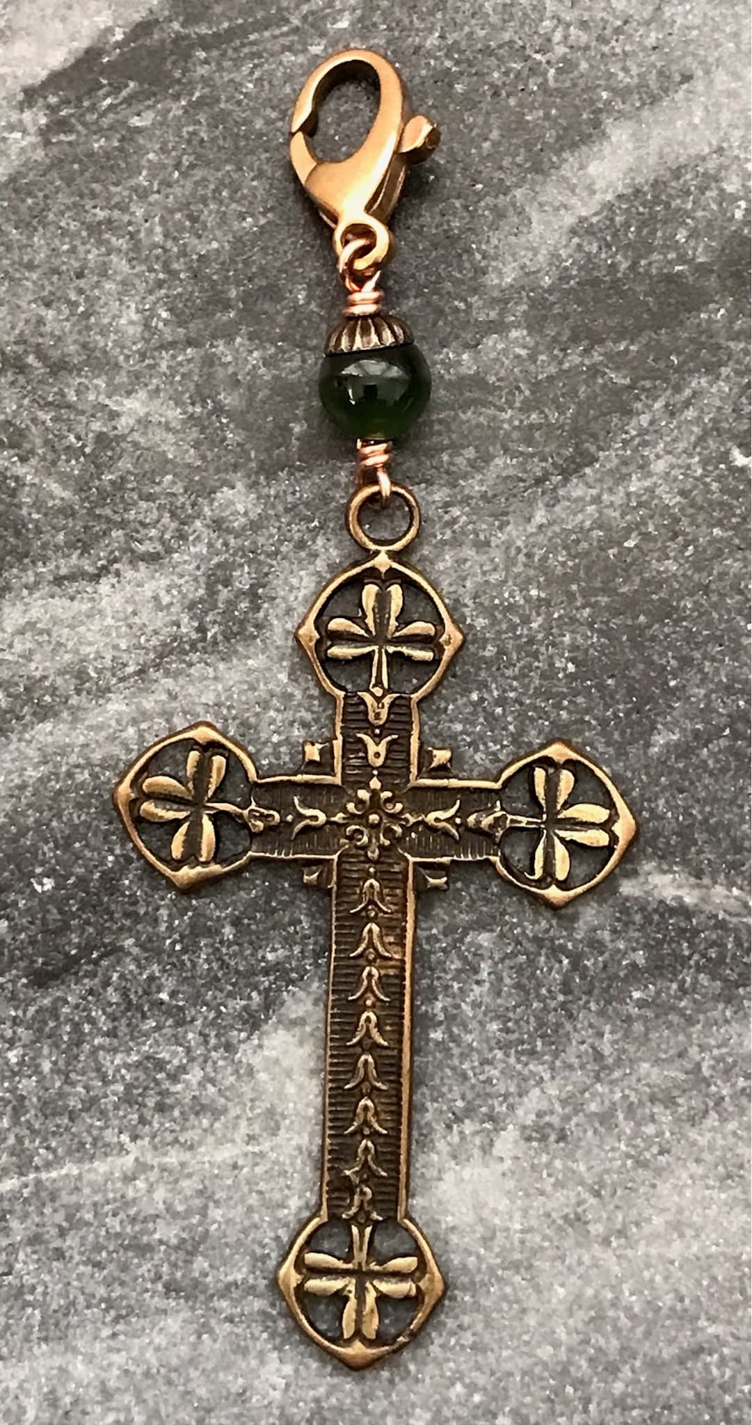 Bag Charm  Celtic Cross Zipper Pull - Brass and Jade