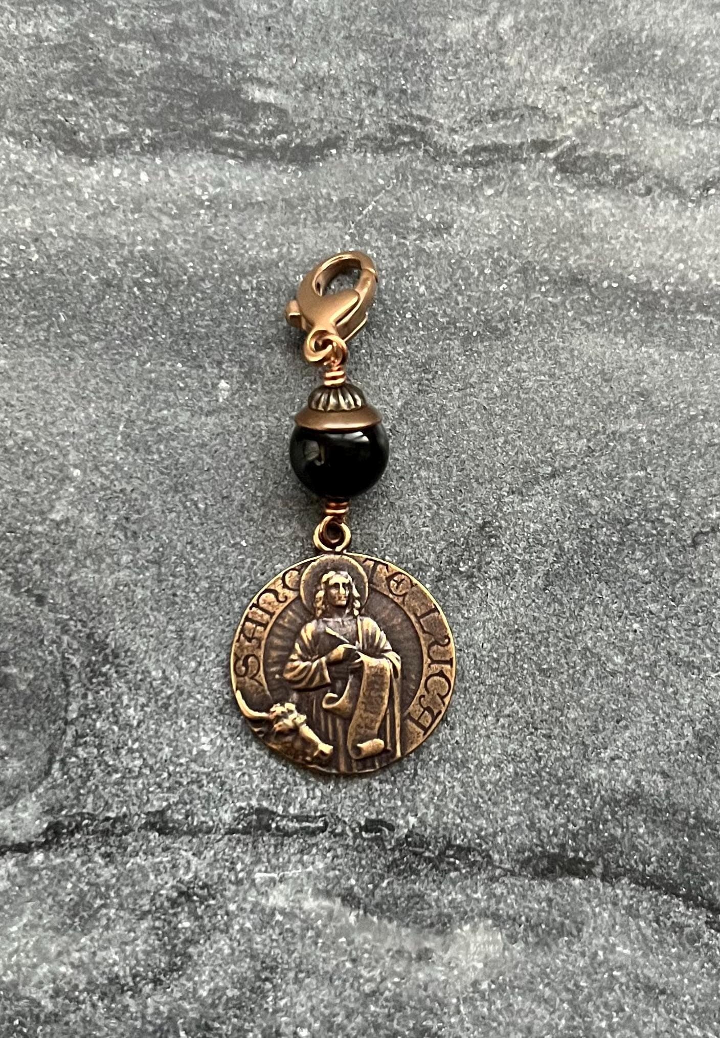 Bag Charm Saint Luke Zipper Pull - Bronze and Onyx