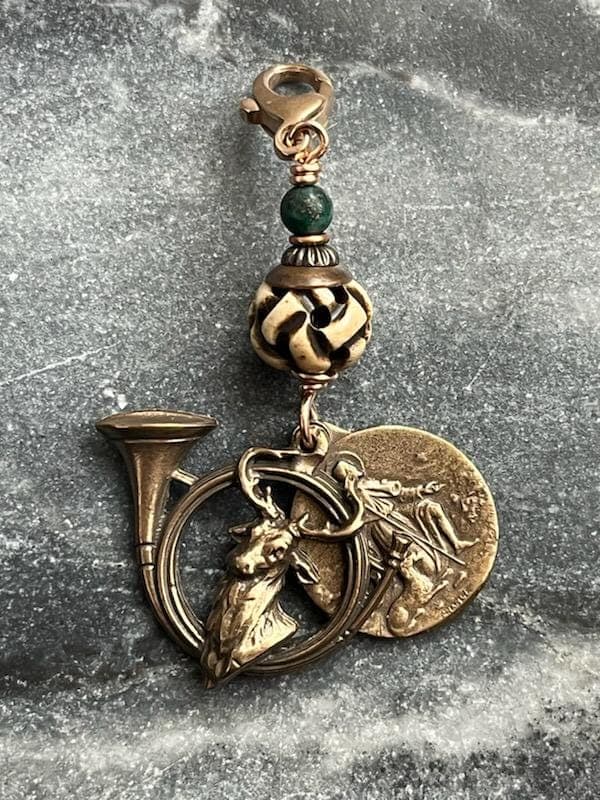 Bag Charm Saint Hubert and Roch Hunting Zipper Pull - Carved Ox Bone and Bronze