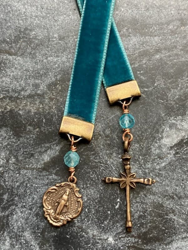 Velvet Catholic Bookmark - Virgin Mary - Bronze - Blue Velvet