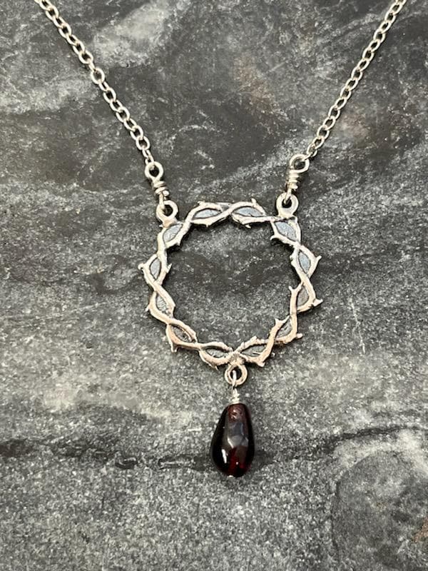 Crown of Thorns Necklace With Garnet Drop - Solid Sterling Silver or Bronze