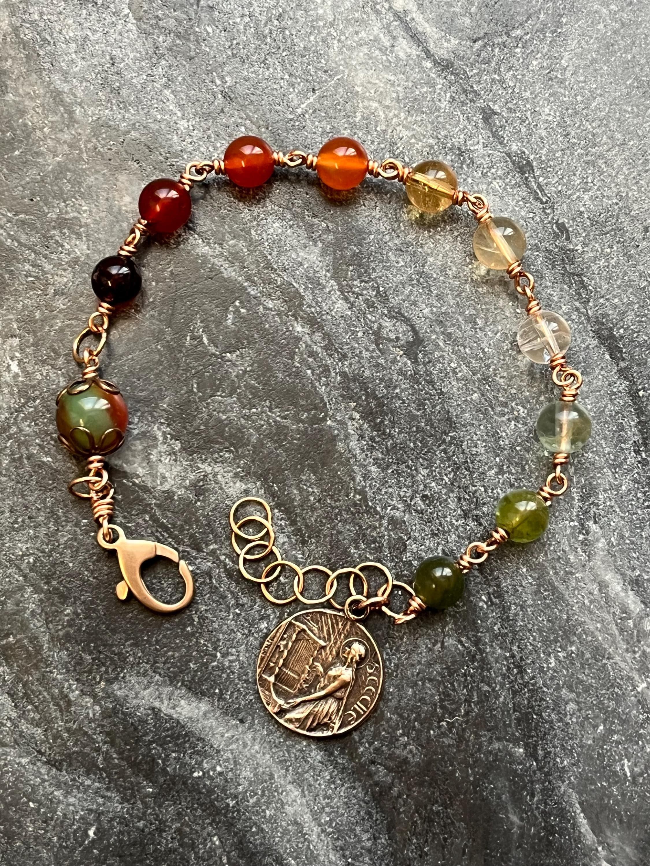 Saint Cecilia and Saint Agnes Gemstone and Bronze Rosary Bracelet