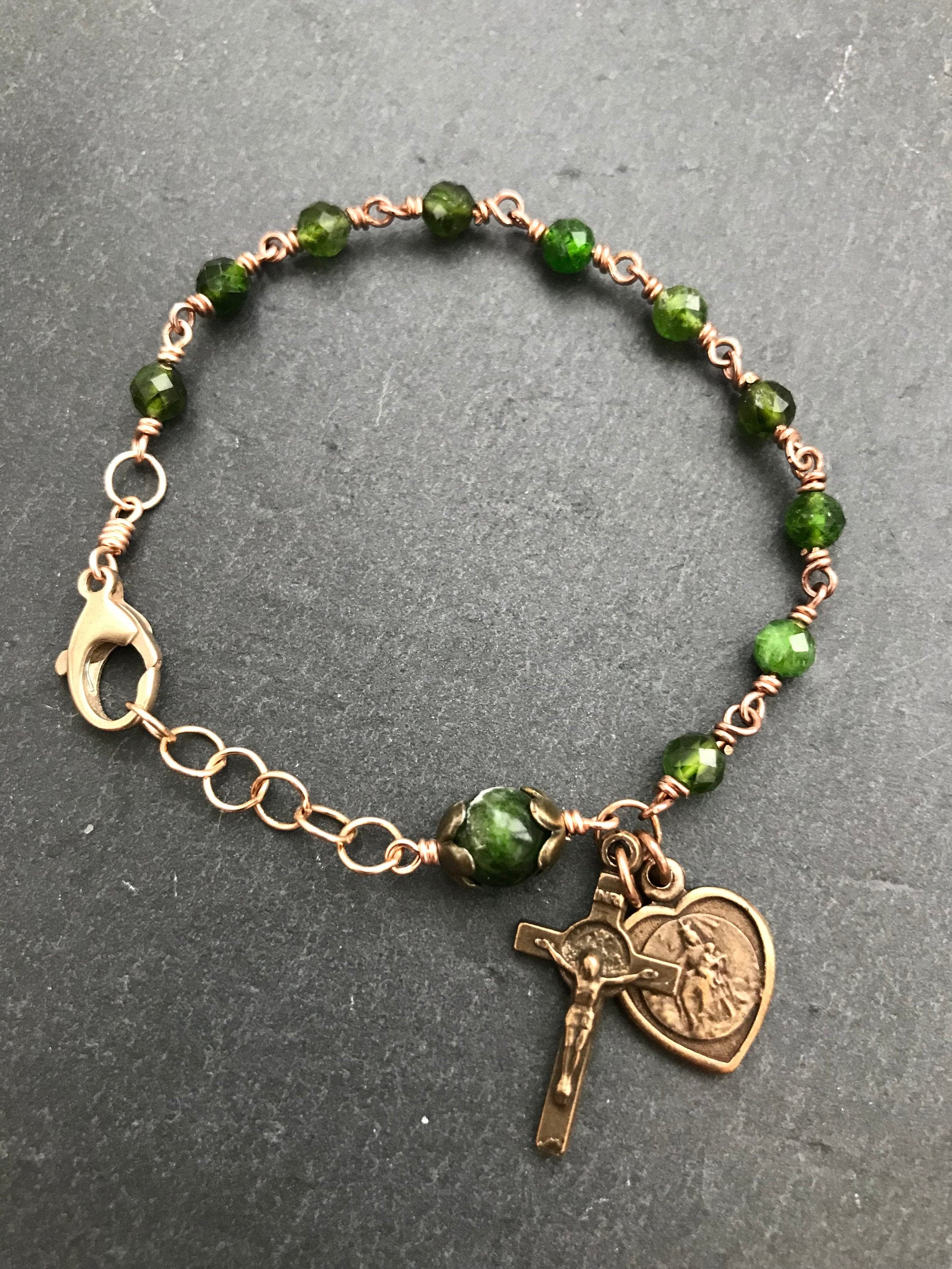 Saint Benedict Scapular Chrome Diopside and Bronze Rosary Bracelet -Sacred Heart