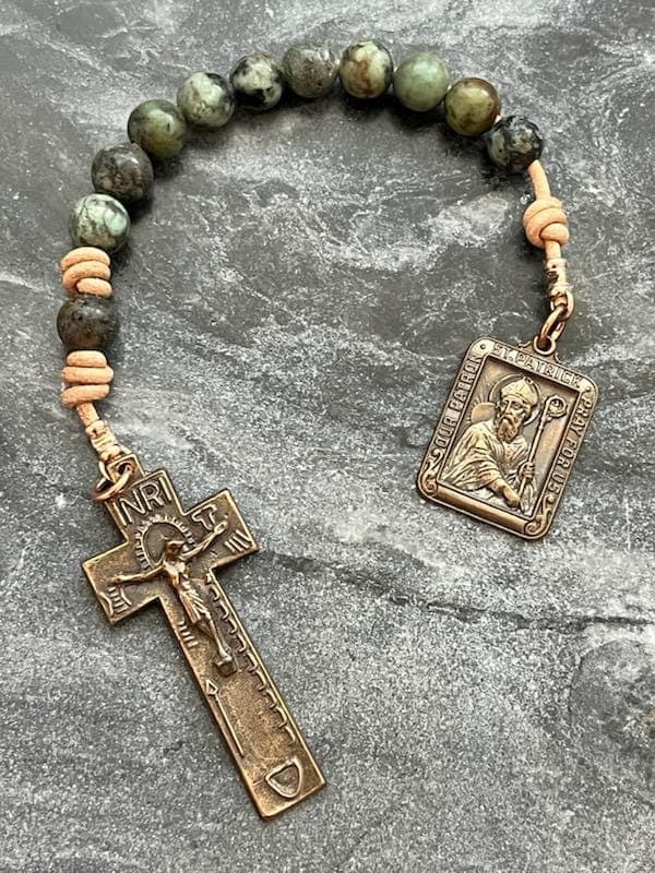 Saint Patrick Irish Tenner - Penal Crucifix - Bronze and leather - Pocket Rosary