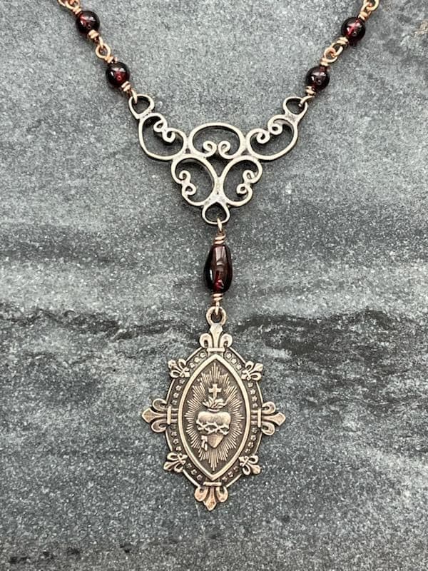 Sacred Heart Chaplet Rosary Necklace - Garnet and Bronze - Sacred Heart of Jesus