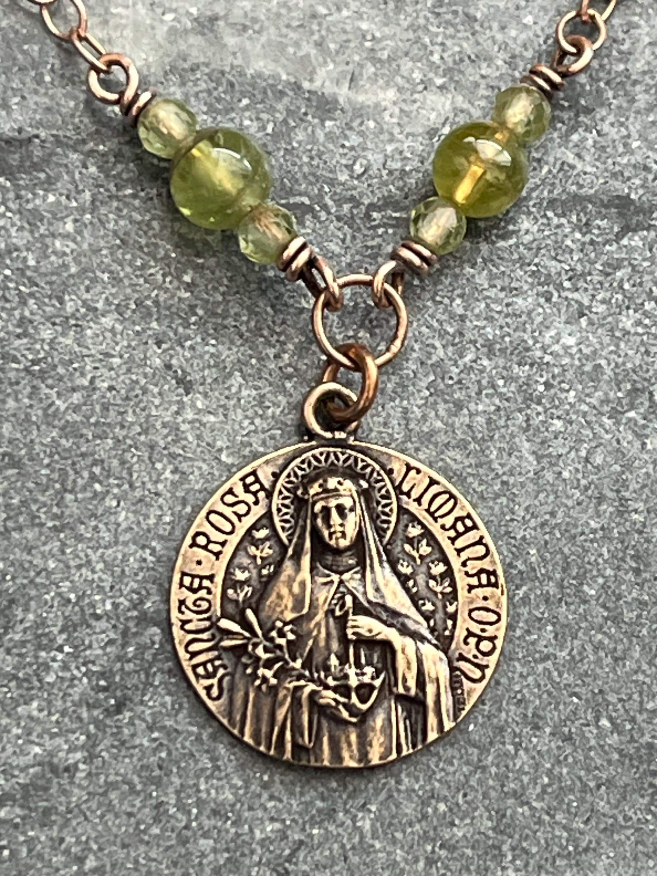 Saint Rose of Lima Necklace - Catholic August Birthday - Solid Bronze - Peridot